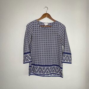 Lila Rose Women's XS Navy Mosiac Boho 3/4 Roll Tab Sleeve Chiffon Blouse Office